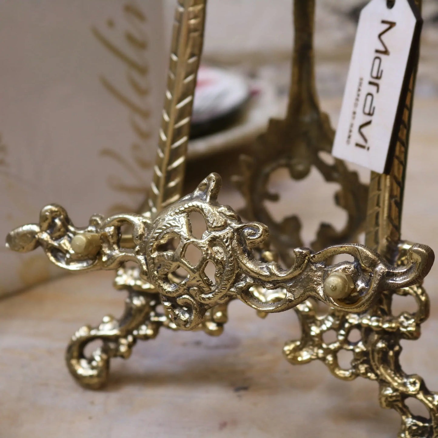 Sabarmati Set of 2 Antiqued Brass Easels - Closeup of Holder 2