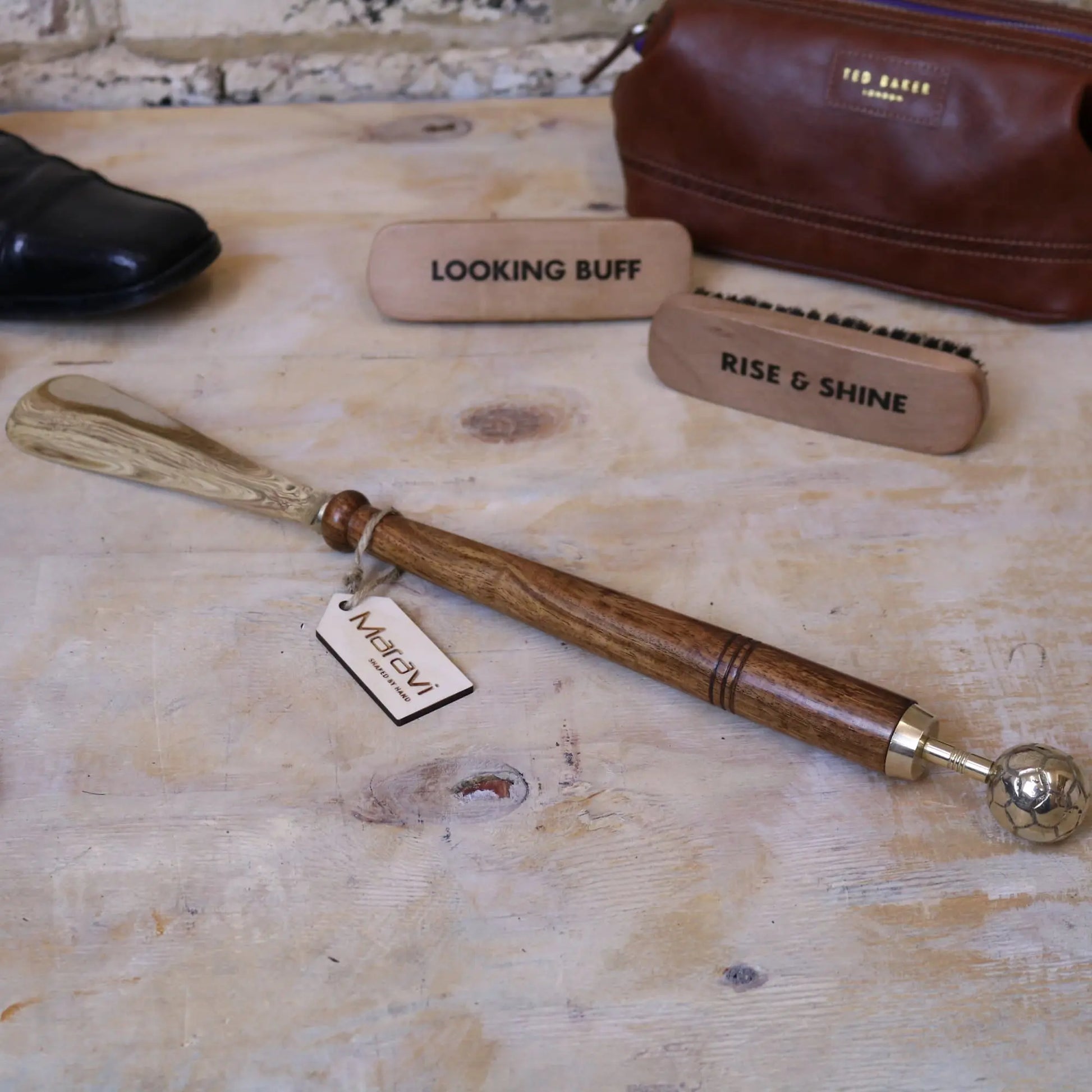 Kalanka Long Shoe Horn Wooden Brass - Football Design