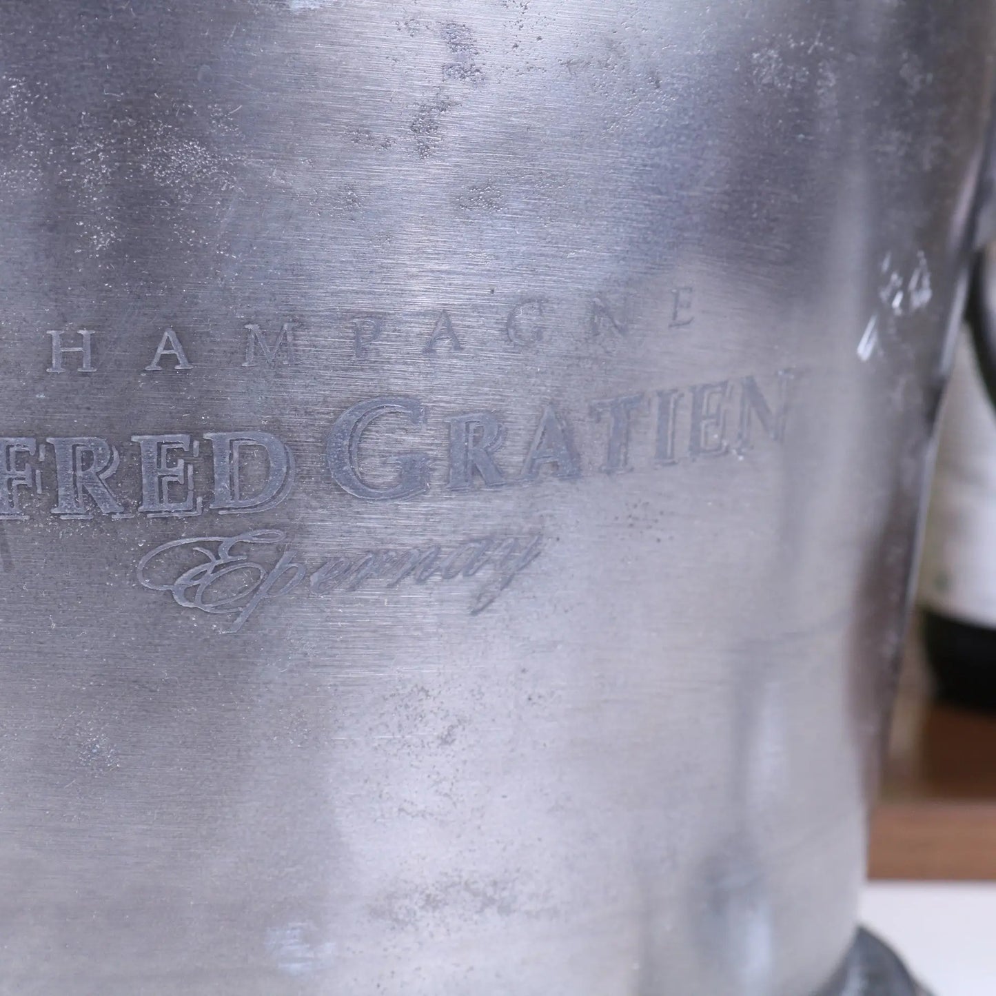 Alfred Gratien Luxury Gunmetal Champagne Ice Bucket - Closeup of Alfred Gratien Logo