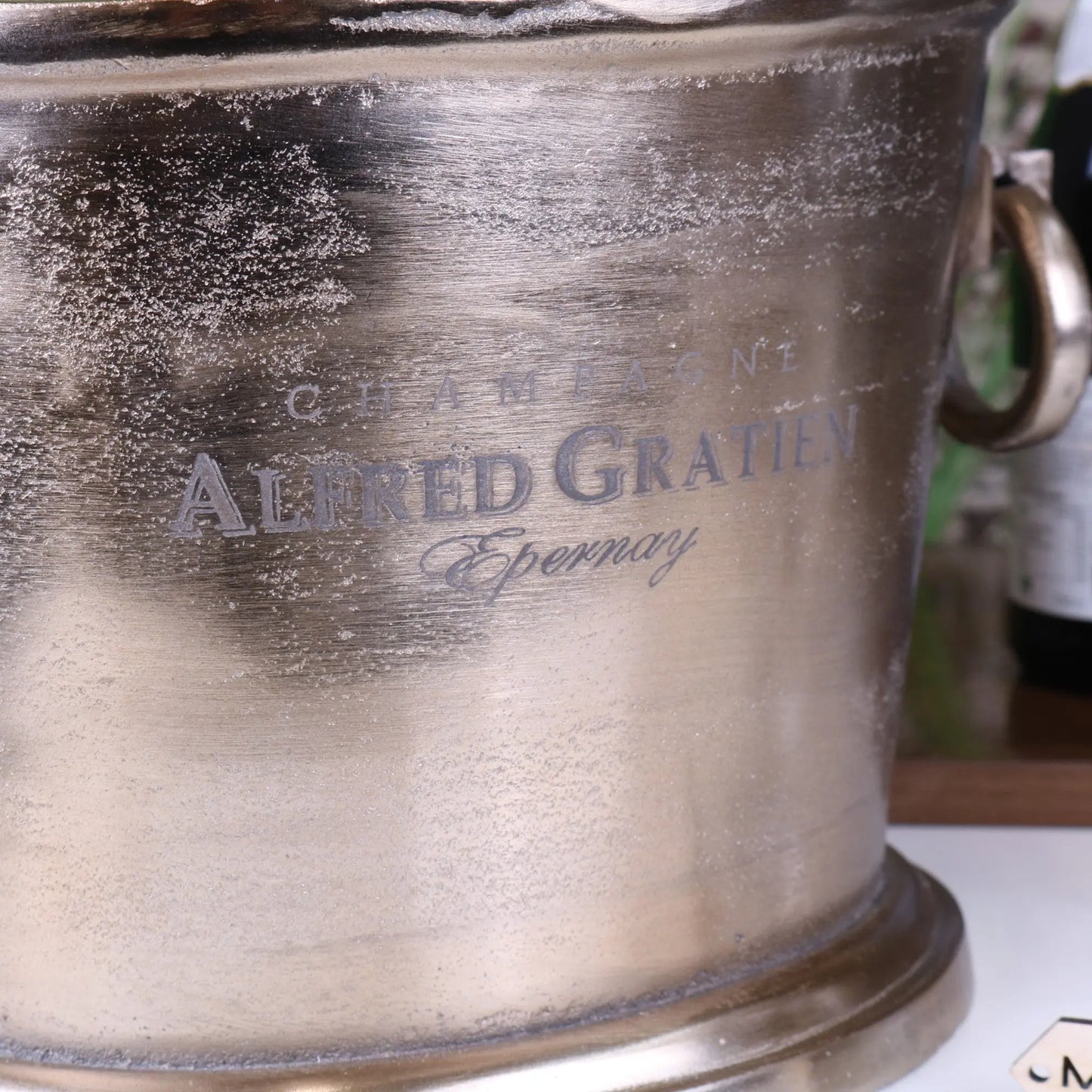 Alfred Gratien Luxury Light Gold Champagne Ice Bucket - Closeup of Alfred Gratien Logo