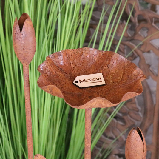 Bansari Flower Bird Feeder Rusted Metal Finish - Closeup of Flower Dish