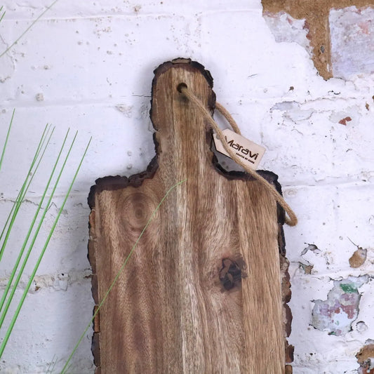 Bhimra Wooden Long Serving Board 101cm Bark Edge - Closeup of Top Half