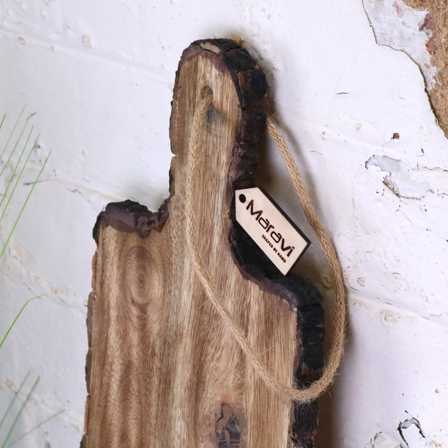 Bhimra Wooden Long Serving Board 101cm Bark Edge - Side View of Top Half