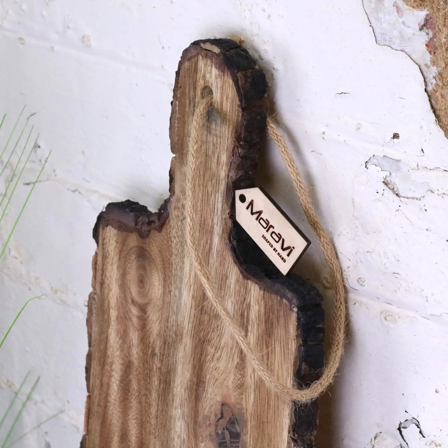 Bhimra Wooden Long Serving Board 101cm Bark Edge - Side View of Top Half