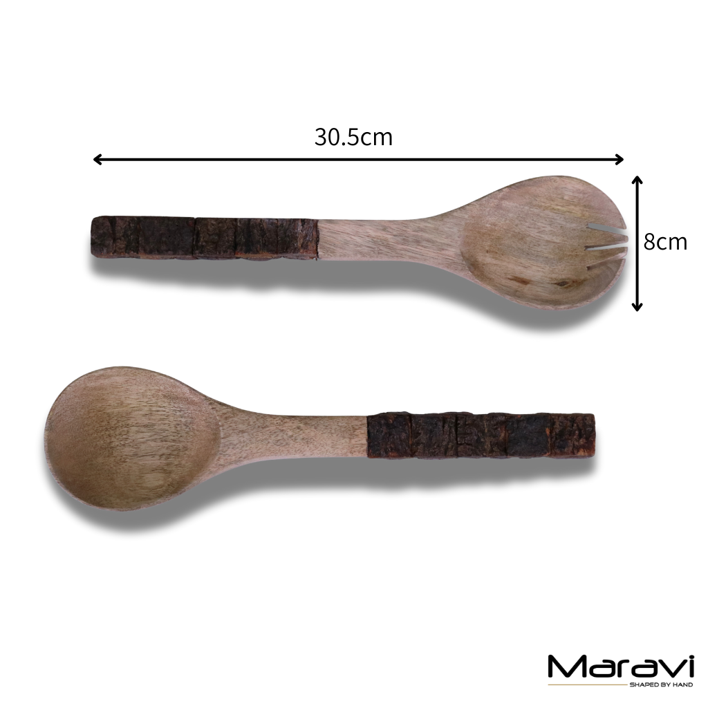 Bhimra Wooden Salad Servers Bark Handle - Dimensions