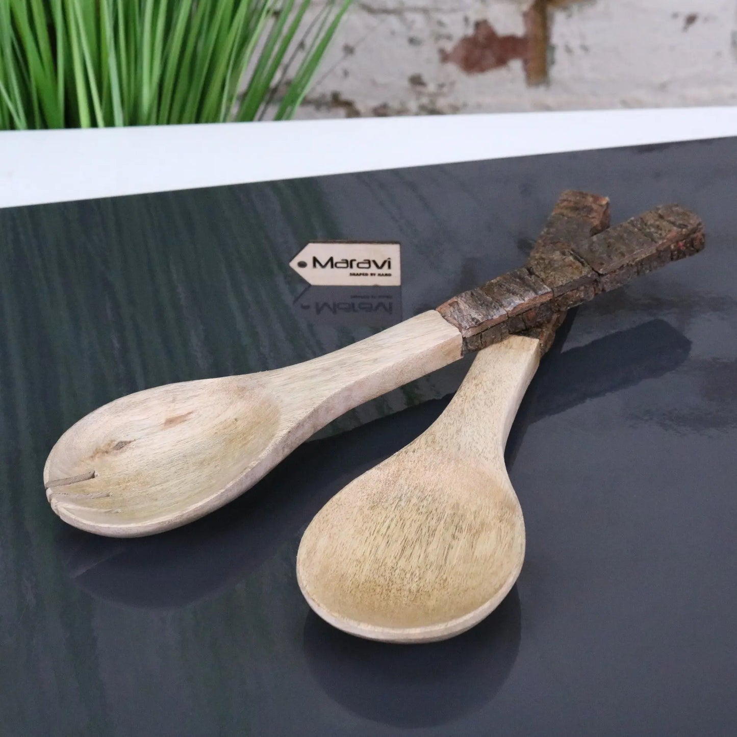 Bhimra Wooden Salad Servers Bark Handle - Main Image