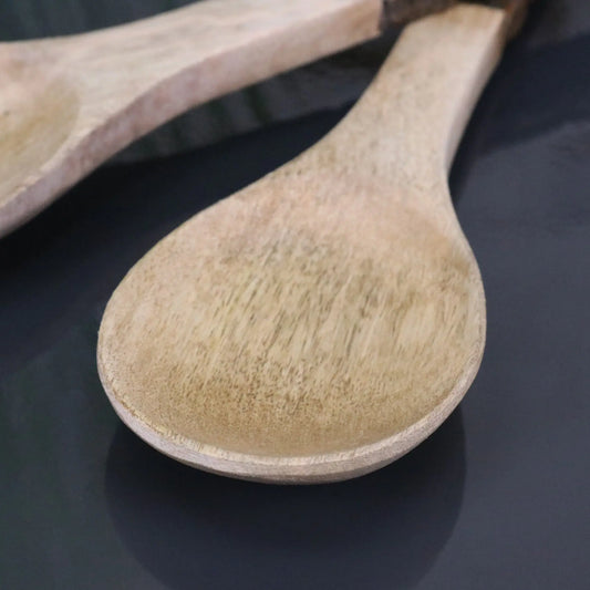 Bhimra Wooden Salad Servers Bark Handle - Closeup of Spoon