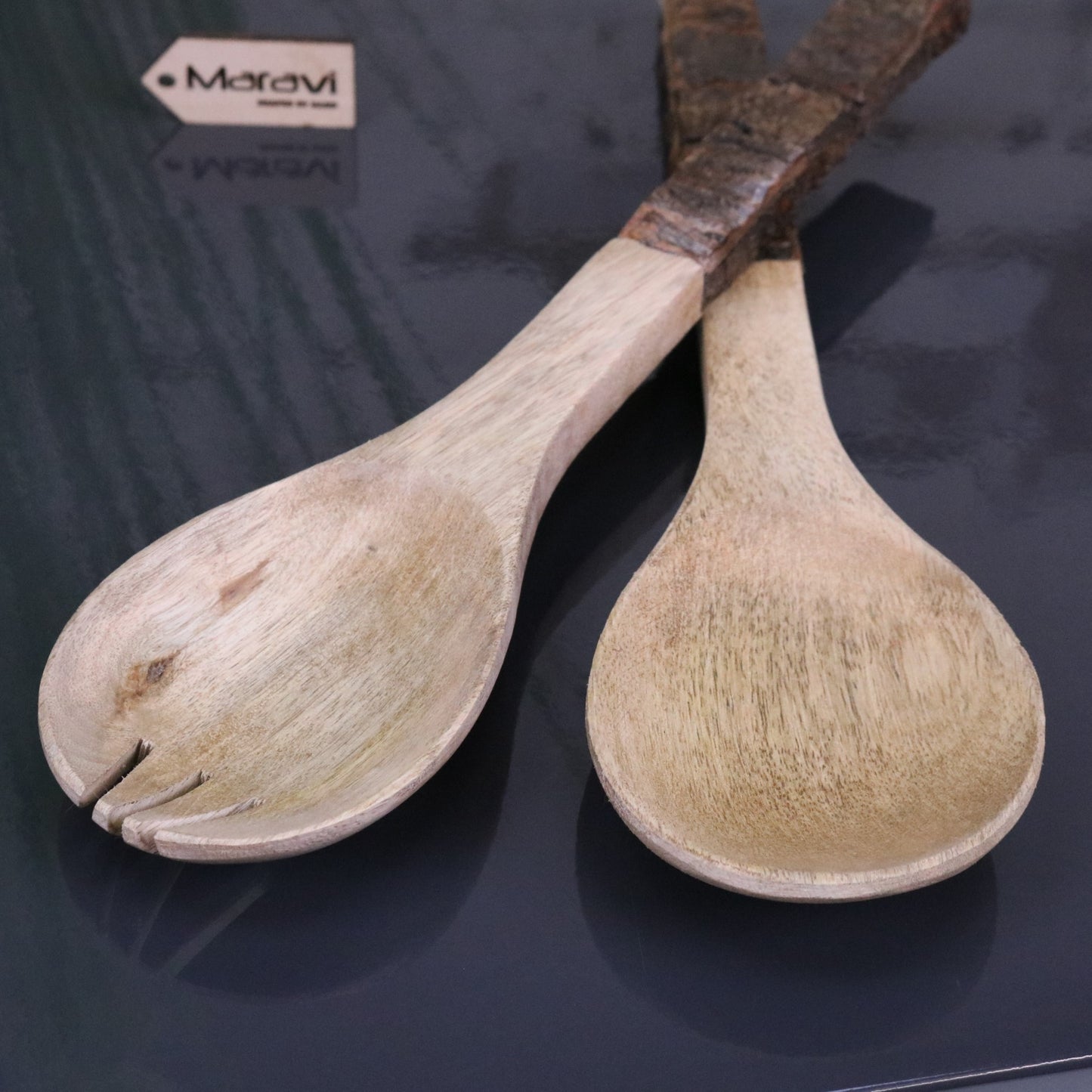 Bhimra Wooden Salad Servers Bark Handle - Showing Both Spoon Heads