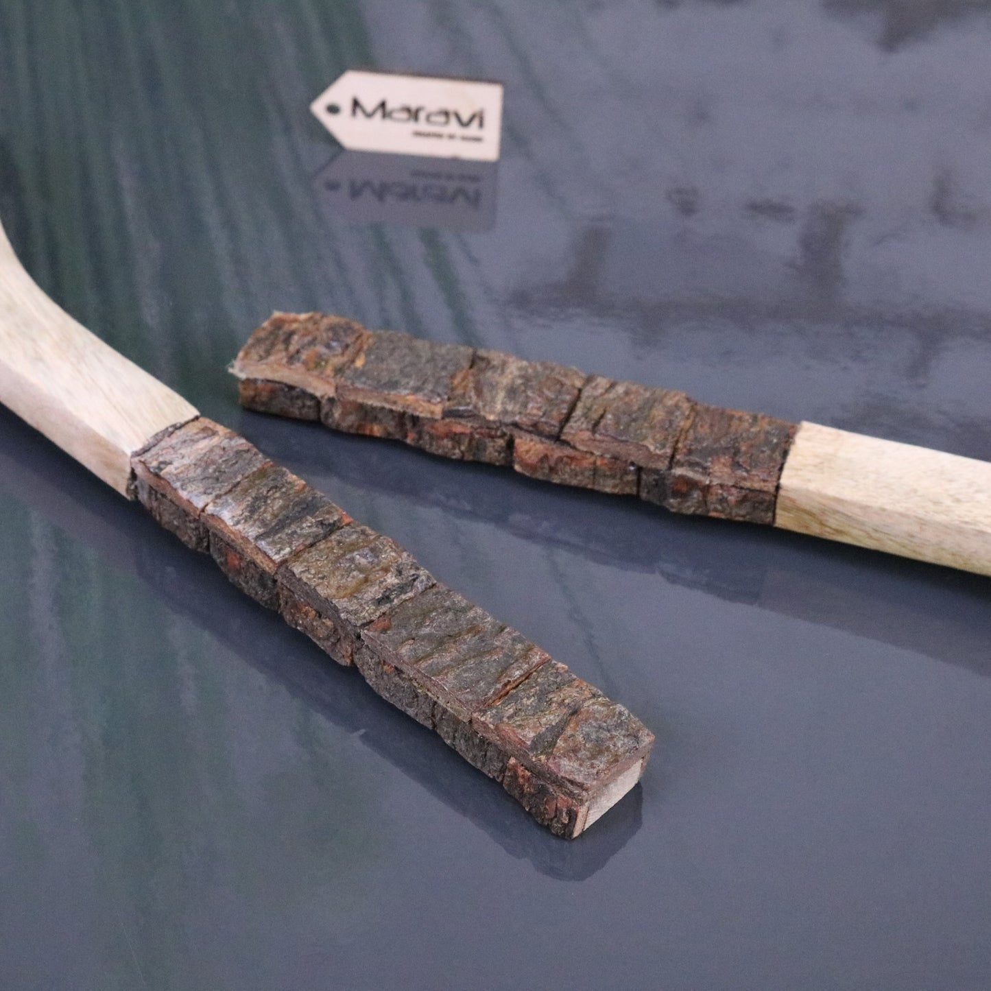 Bhimra Wooden Salad Servers Bark Handle - Closeup of Bark