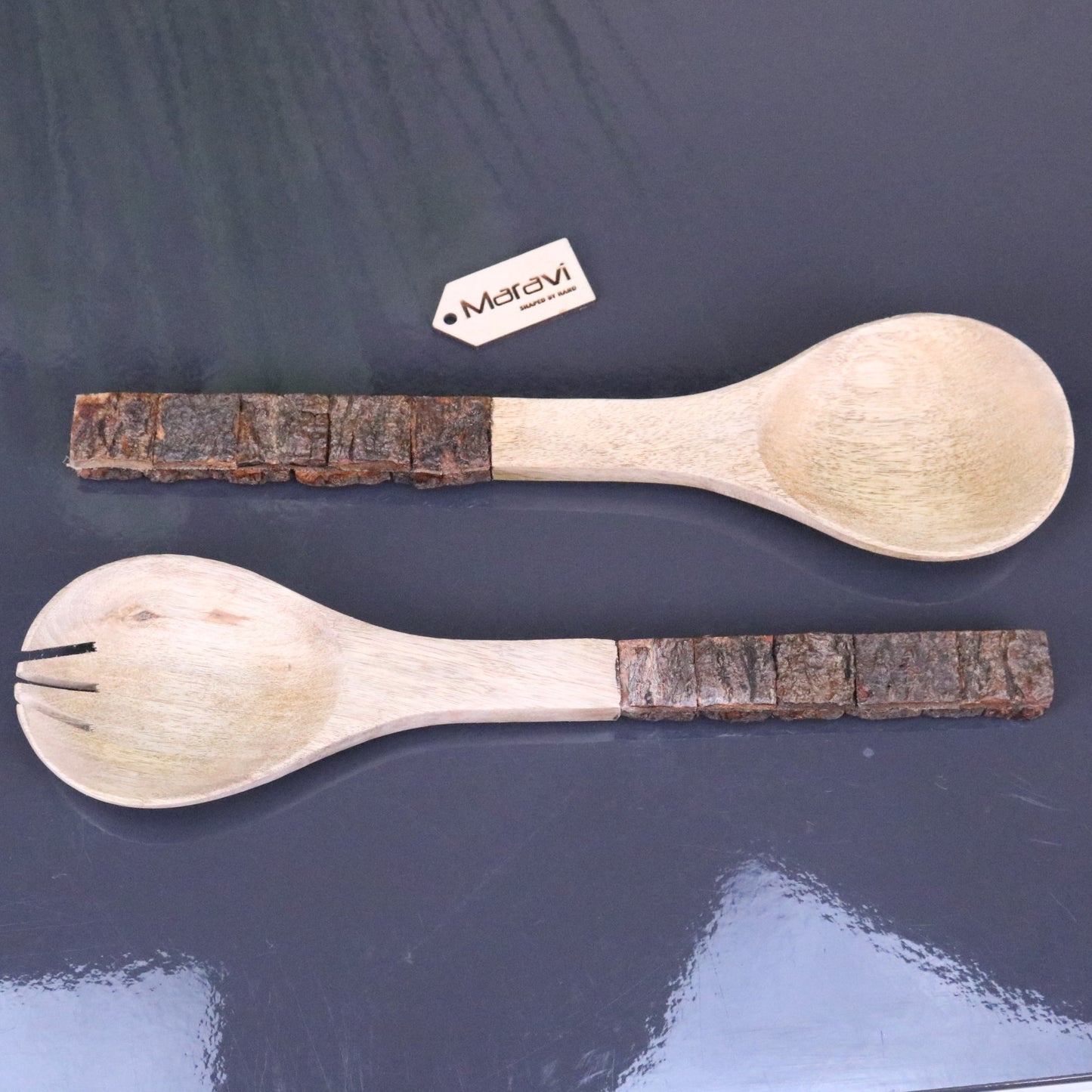 Bhimra Wooden Salad Servers Bark Handle - Top View