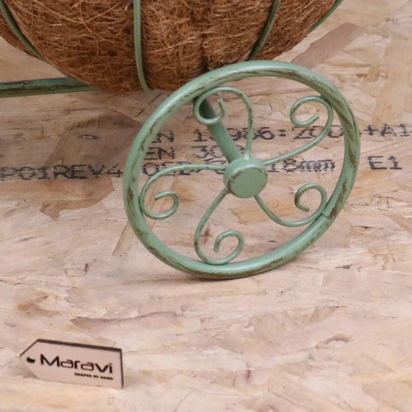 Bike Garden Planter Metal Vintage Green - Closeup of Wheel