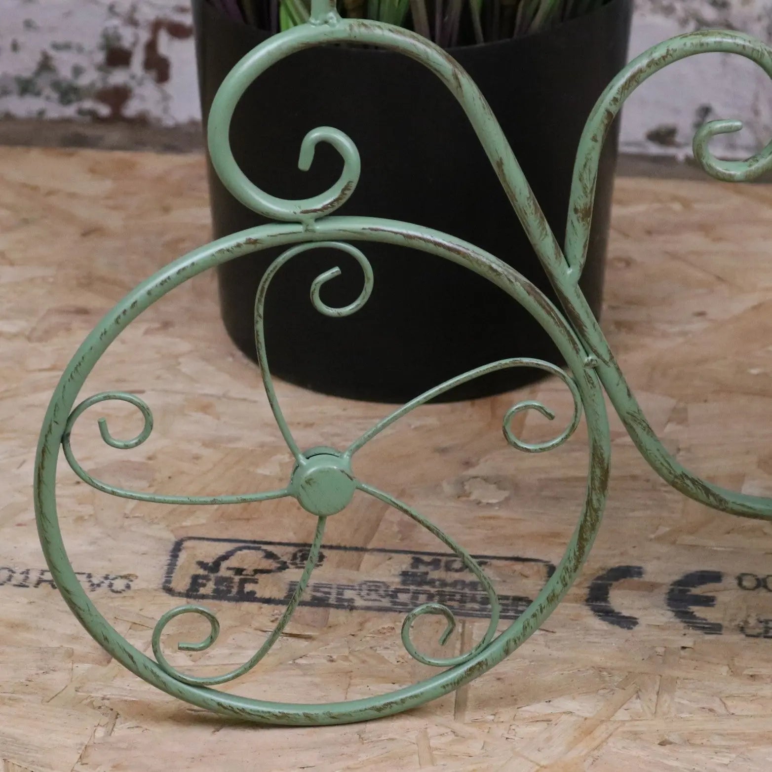 Bike Garden Planter Metal Vintage Green - Closeup of Front Wheel