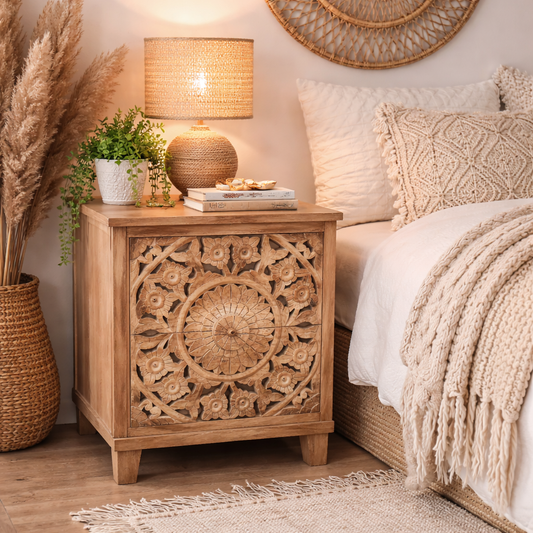 Devika Mango Wood Bedside Cabinet 2 Drawer - Lifetyle Image