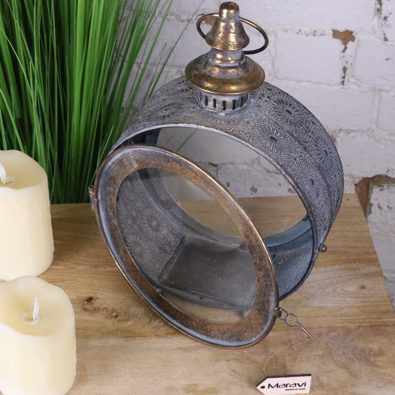 Devra Vintage Style Round Lantern - Door Open Angled Top View