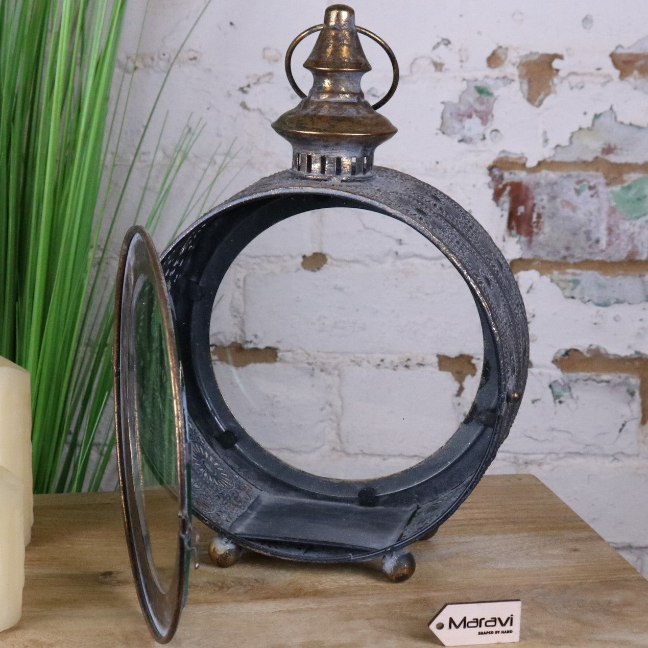 Devra Vintage Style Round Lantern - Front View with Door Open