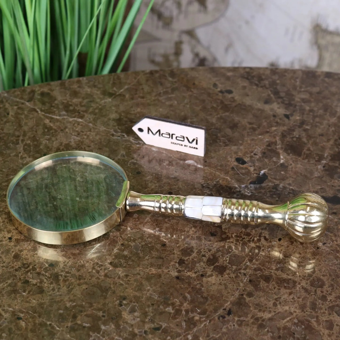 Garo Brass Magnifying Glass Mother of Pearl - Angled Top View