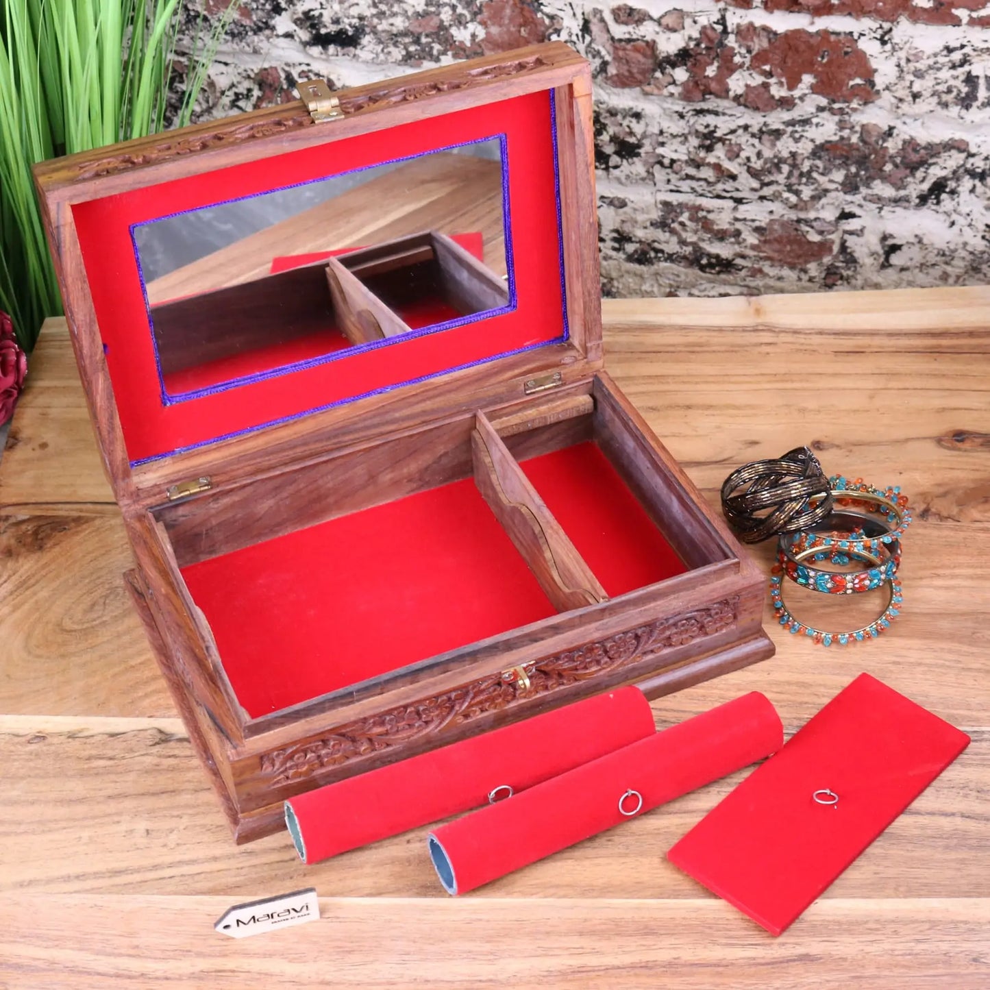 Nalanda Sheesham Wood Intricately Carved Jewellery Box - Holders Removed
