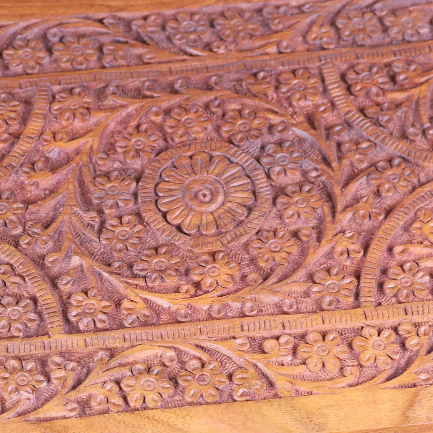 Nalanda Sheesham Wood Intricately Carved Jewellery Box - Closeup of Central Carving