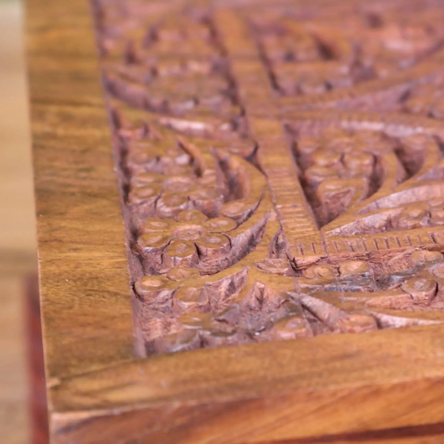 Nalanda Sheesham Wood Intricately Carved Jewellery Box - Closeup of Carving