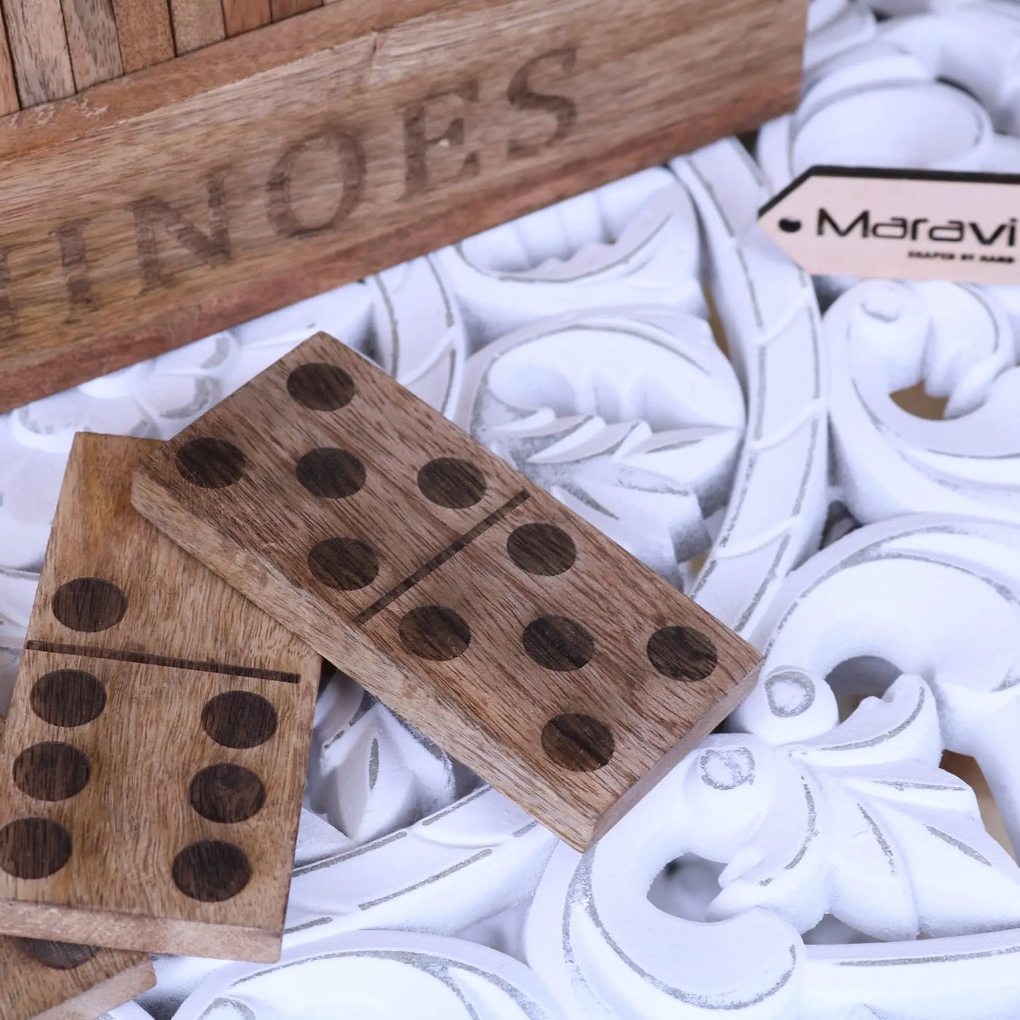 Mahua Wooden Domino Set with Holder - Closeup of Dominoes