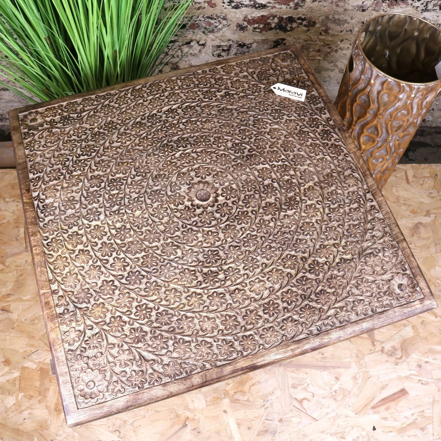 Ibra Large Side Table Burnt Mango Wood Hand Carved - Top View