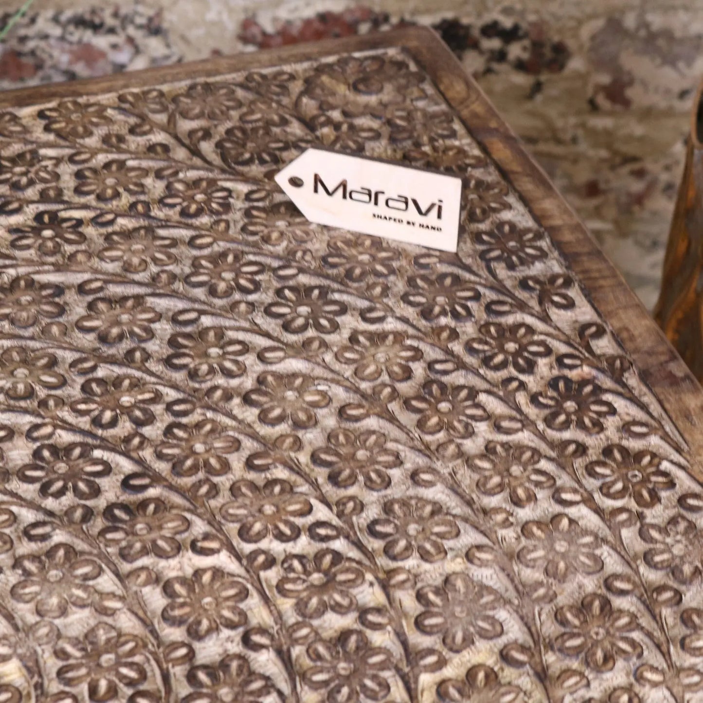 Ibra Large Side Table Burnt Mango Wood Hand Carved - Closeup of Carving