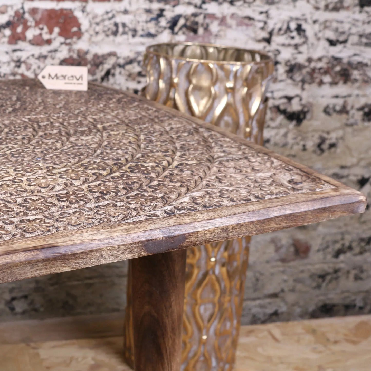 Ibra Large Side Table Burnt Mango Wood Hand Carved - Closeup of Edge