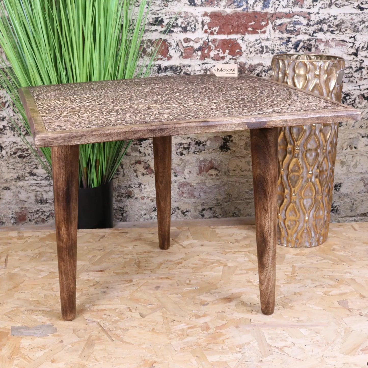 Ibra Large Side Table Burnt Mango Wood Hand Carved - Front View
