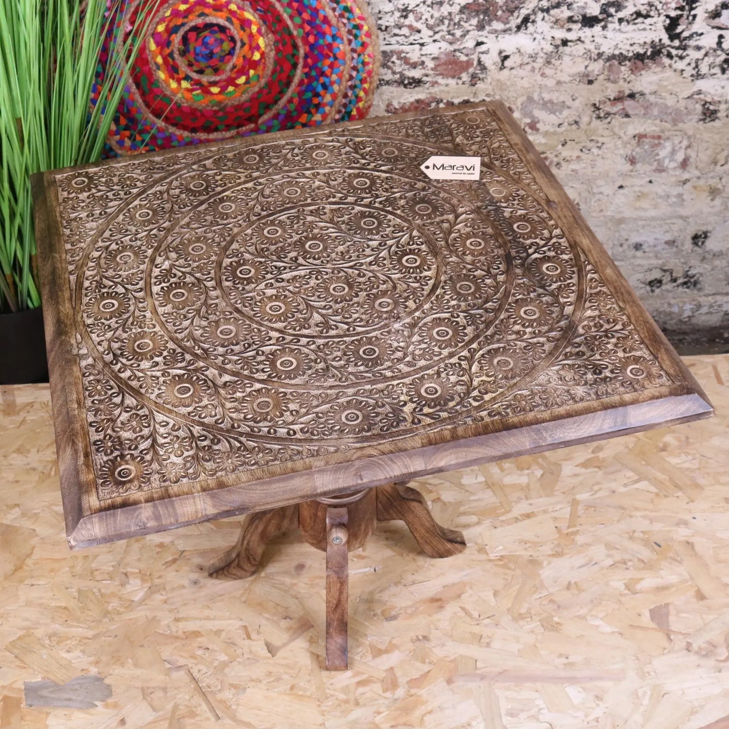Alia Square Pedestal Large Side Table Hand Carved - Main Image