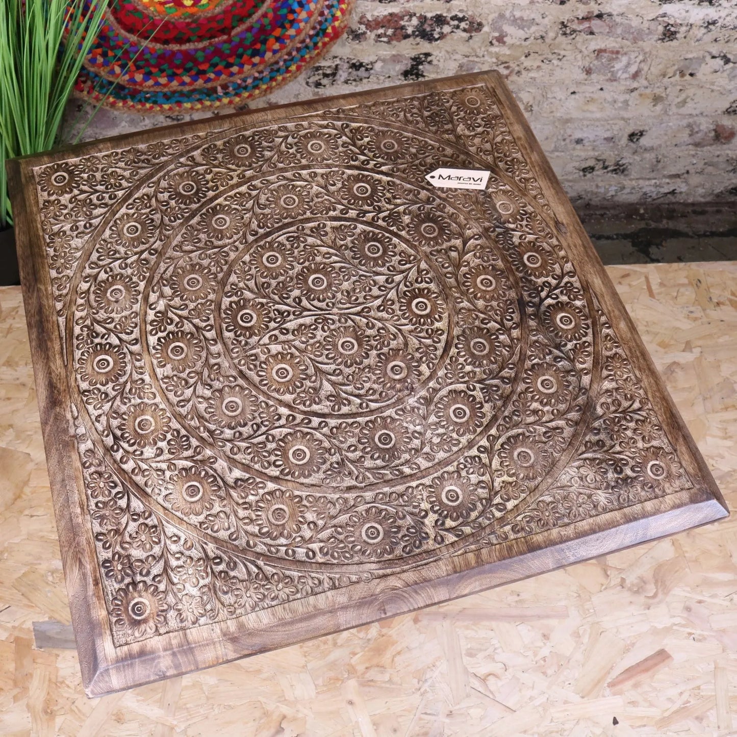 Alia Square Pedestal Large Side Table Hand Carved - Top View