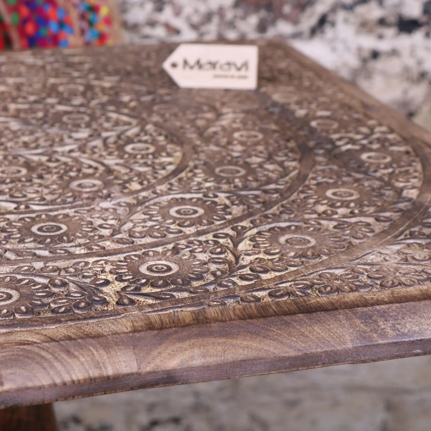 Alia Square Pedestal Large Side Table Hand Carved - Closeup of Table Edge