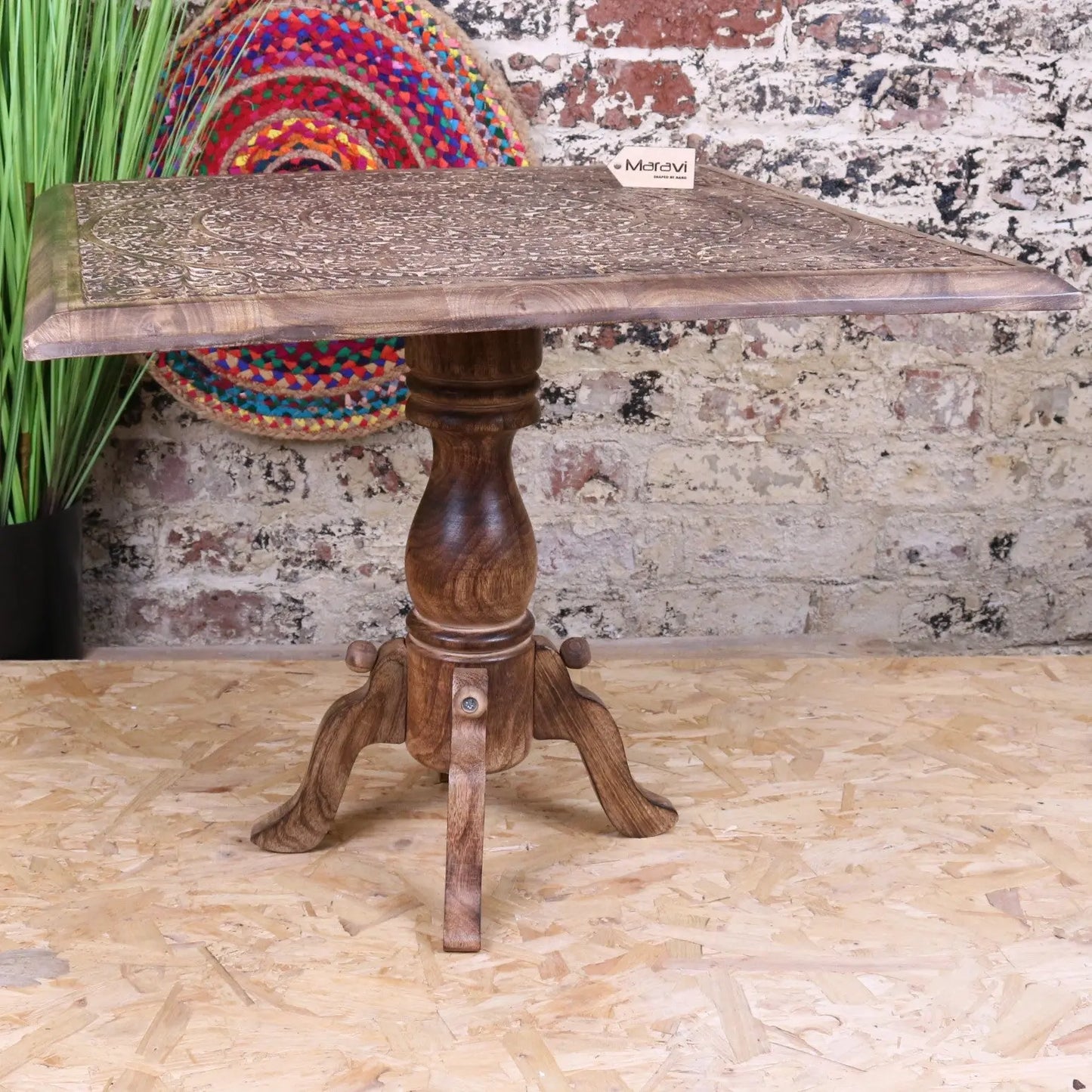Alia Square Pedestal Large Side Table Hand Carved - Front View