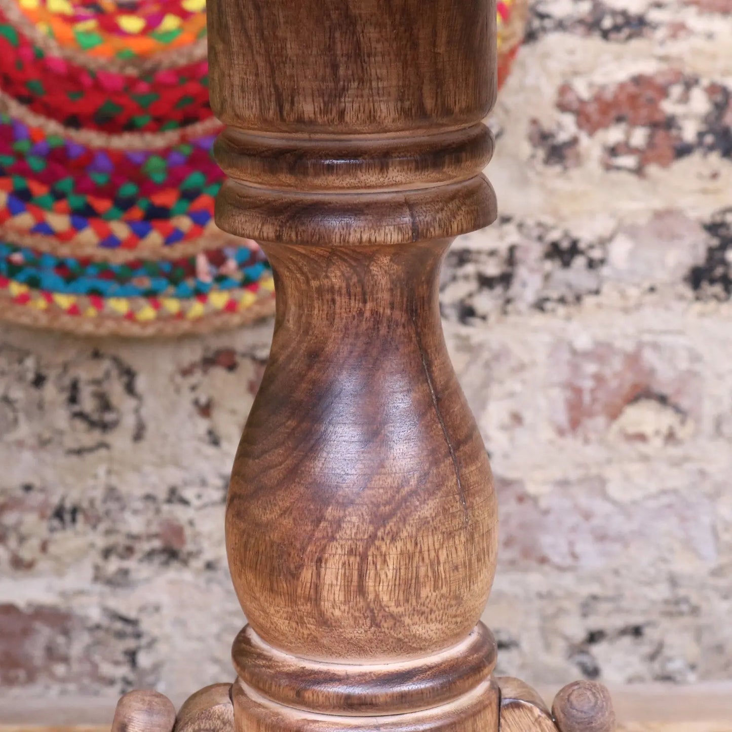 Alia Square Pedestal Large Side Table Hand Carved - Closeup of Pedestal