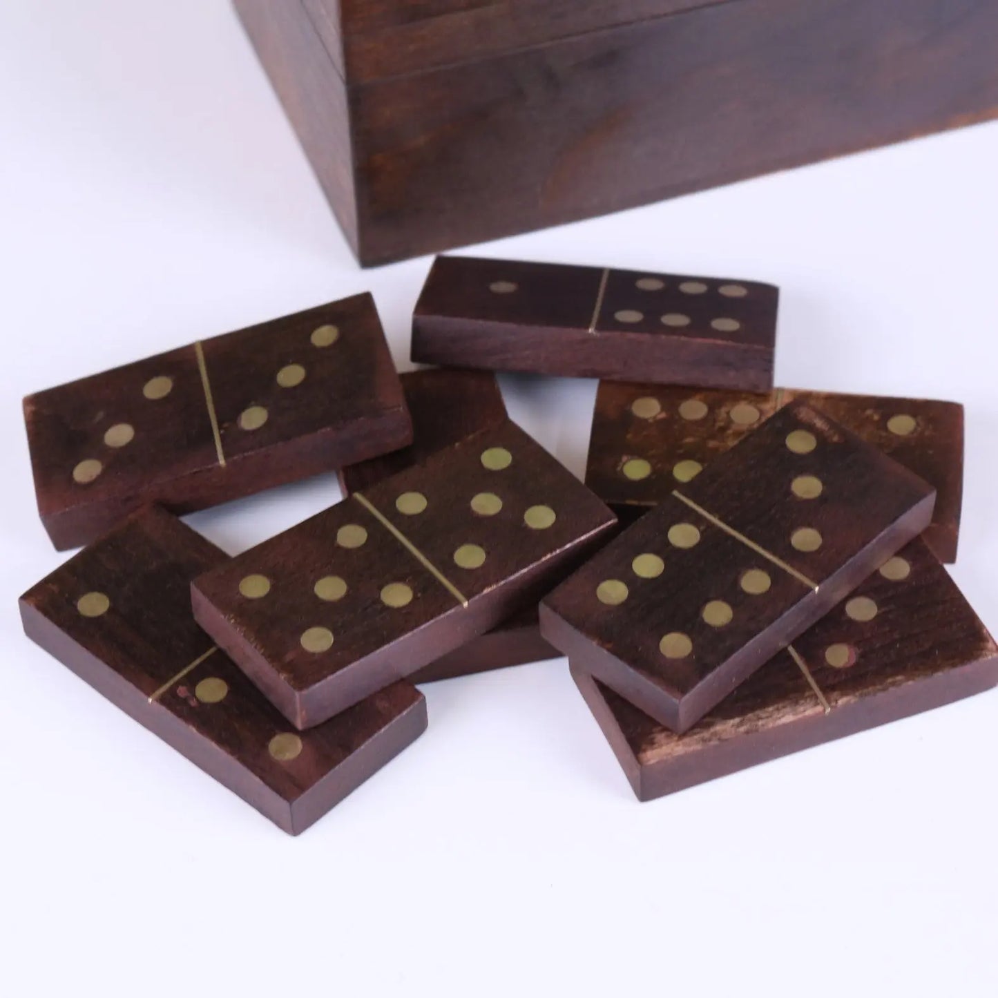 Mera Wooden Domino Set with Storage Box - Closeup of Dominoes