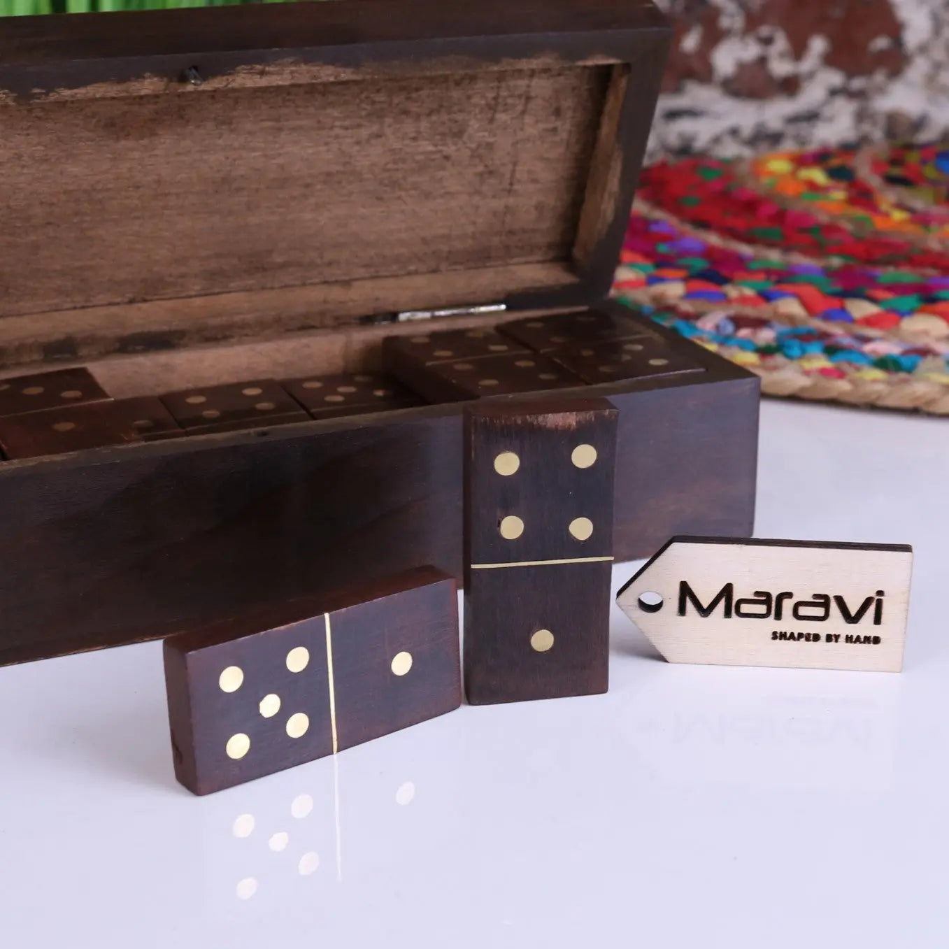 Mera Wooden Domino Set with Storage Box - Closeup of Domino Inlay