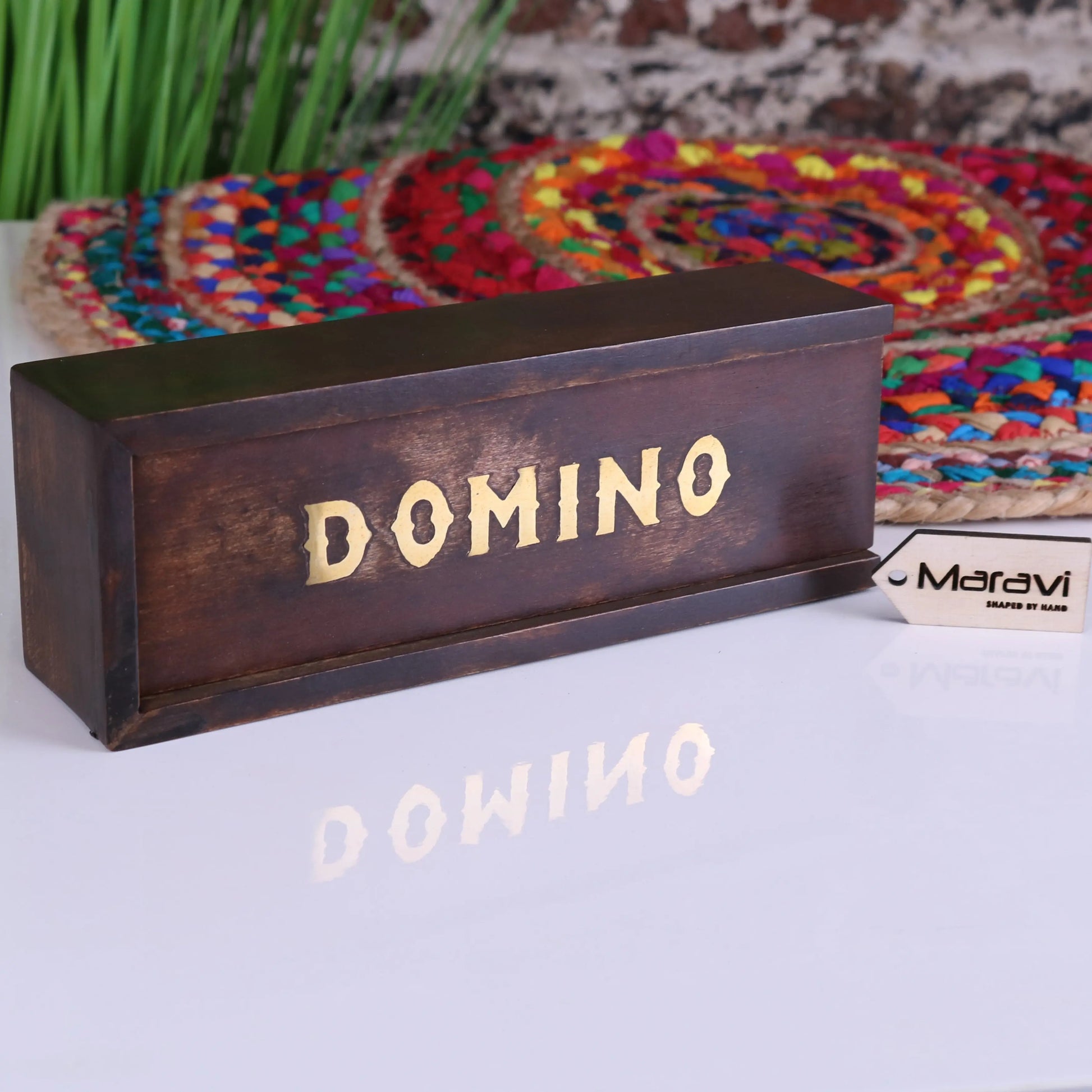 Paka Wooden Domino Set with Box - Closeup of Domino Word on Box