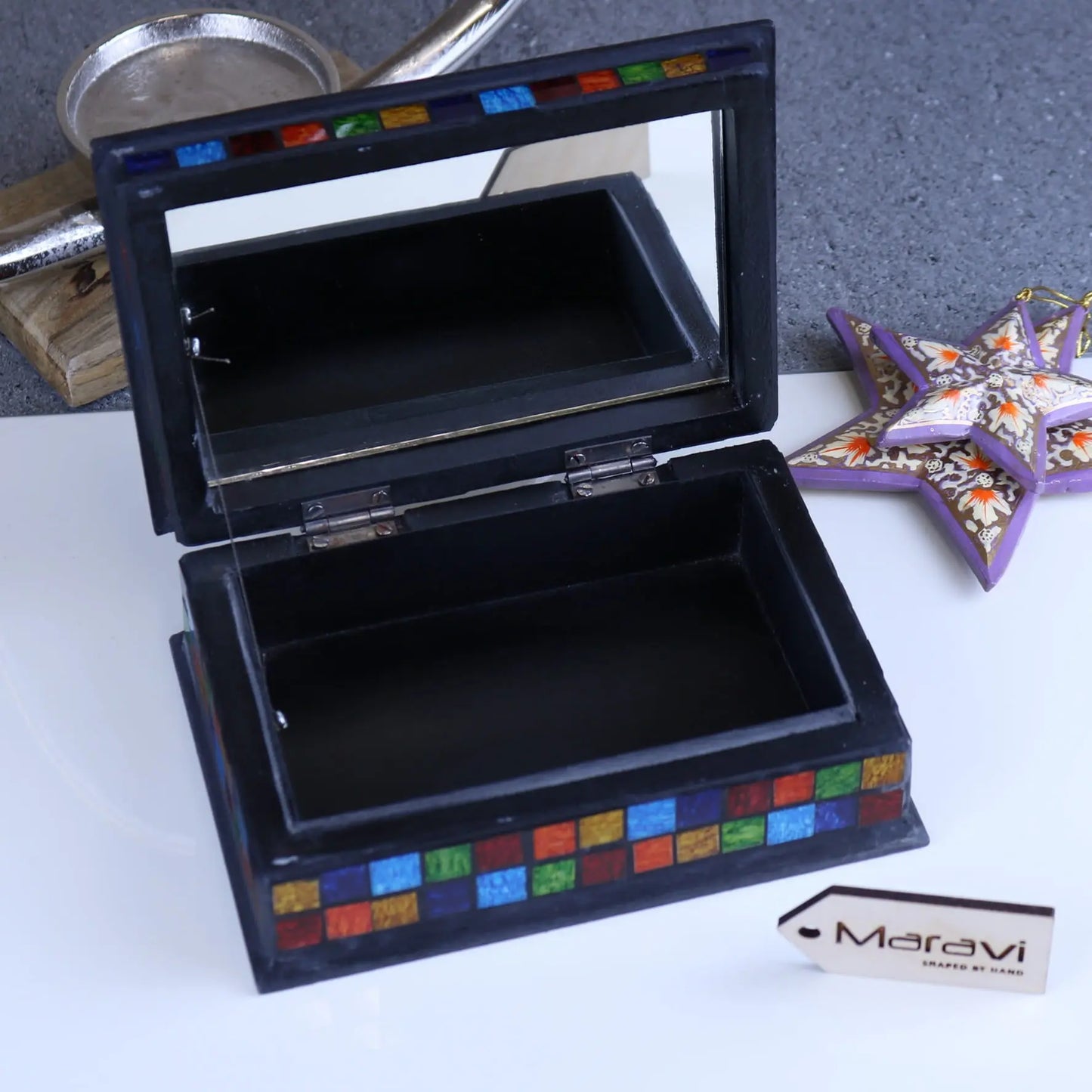 Rania Mosaic Jewellery Box - Opened box showing mirror and interior