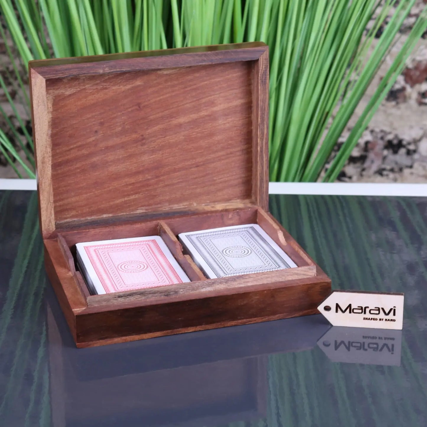 Begunia Double Wooden Playing Card Box - Open Box Showing Cards