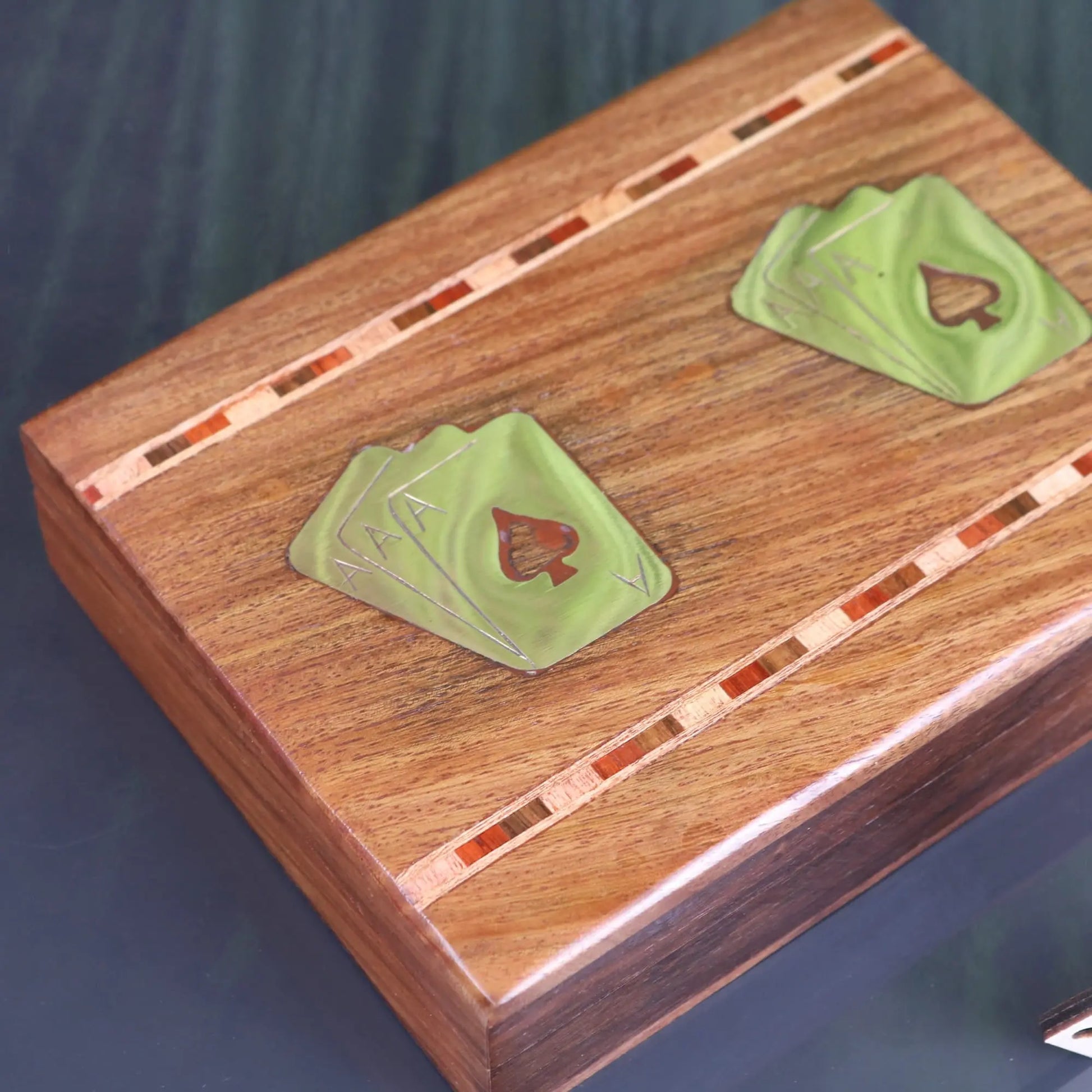 Begunia Double Wooden Playing Card Box  - Closeup Top View