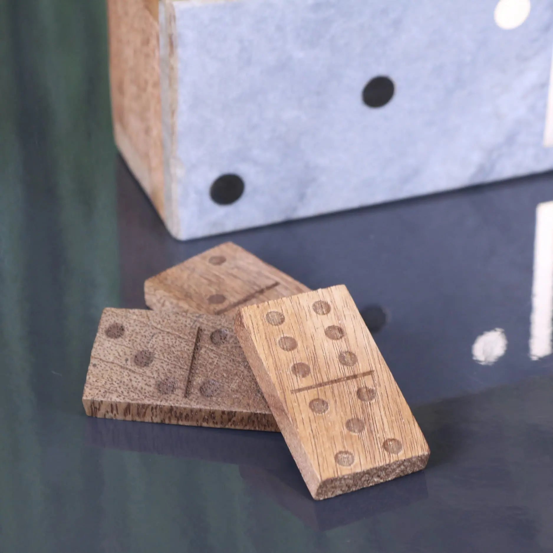 Osian Marble Lid Dominoes Set - Grey Colour Closeup of Dominoes