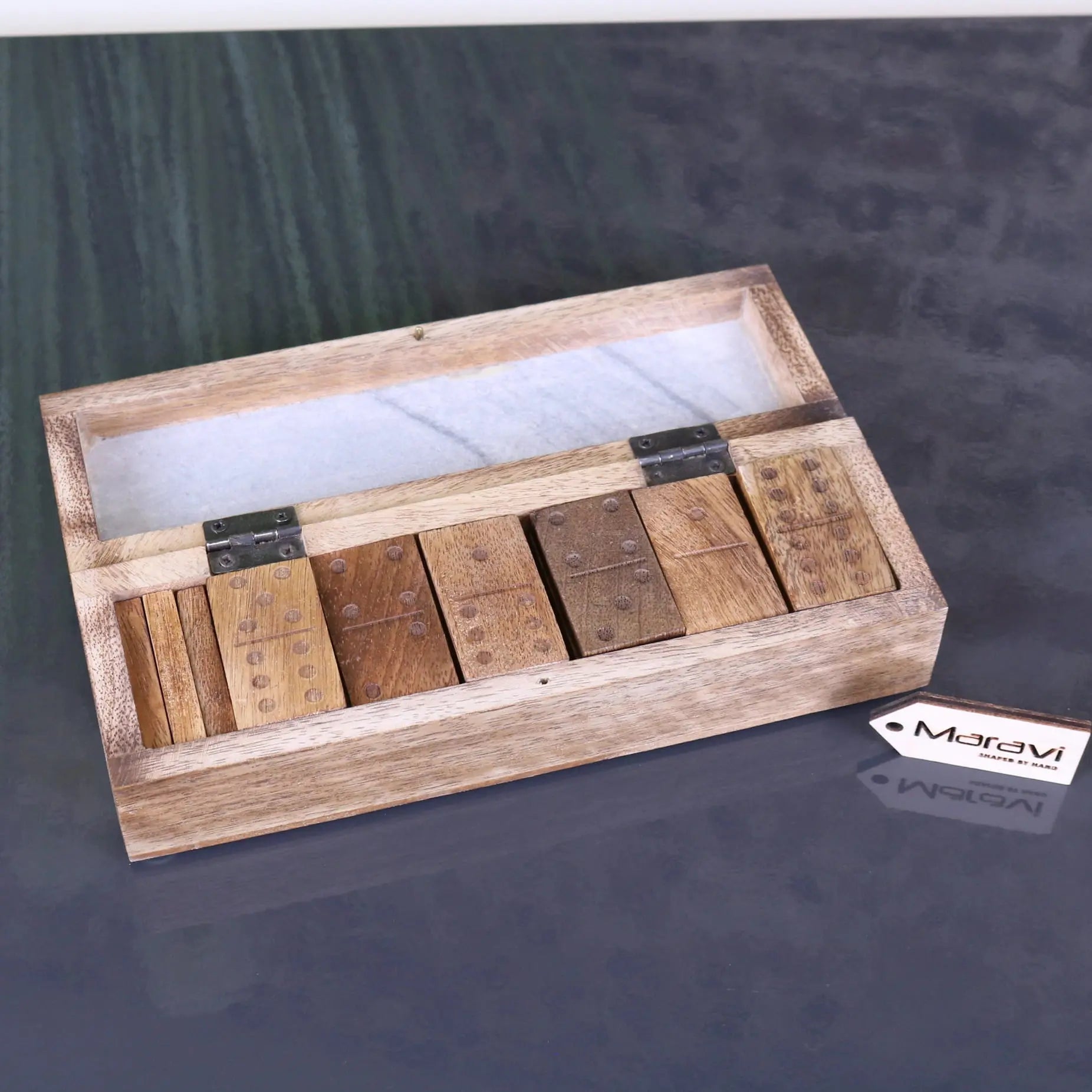Osian Marble Lid Dominoes Set - Grey Colour Box Open