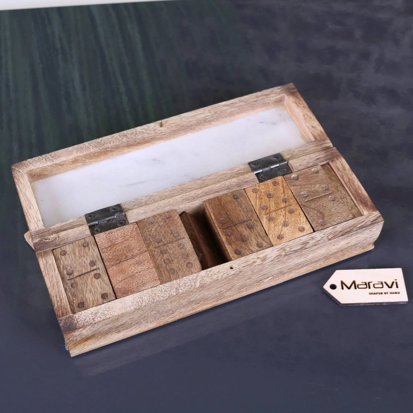 Osian Marble Lid Dominoes Set - White Colour Opened Box