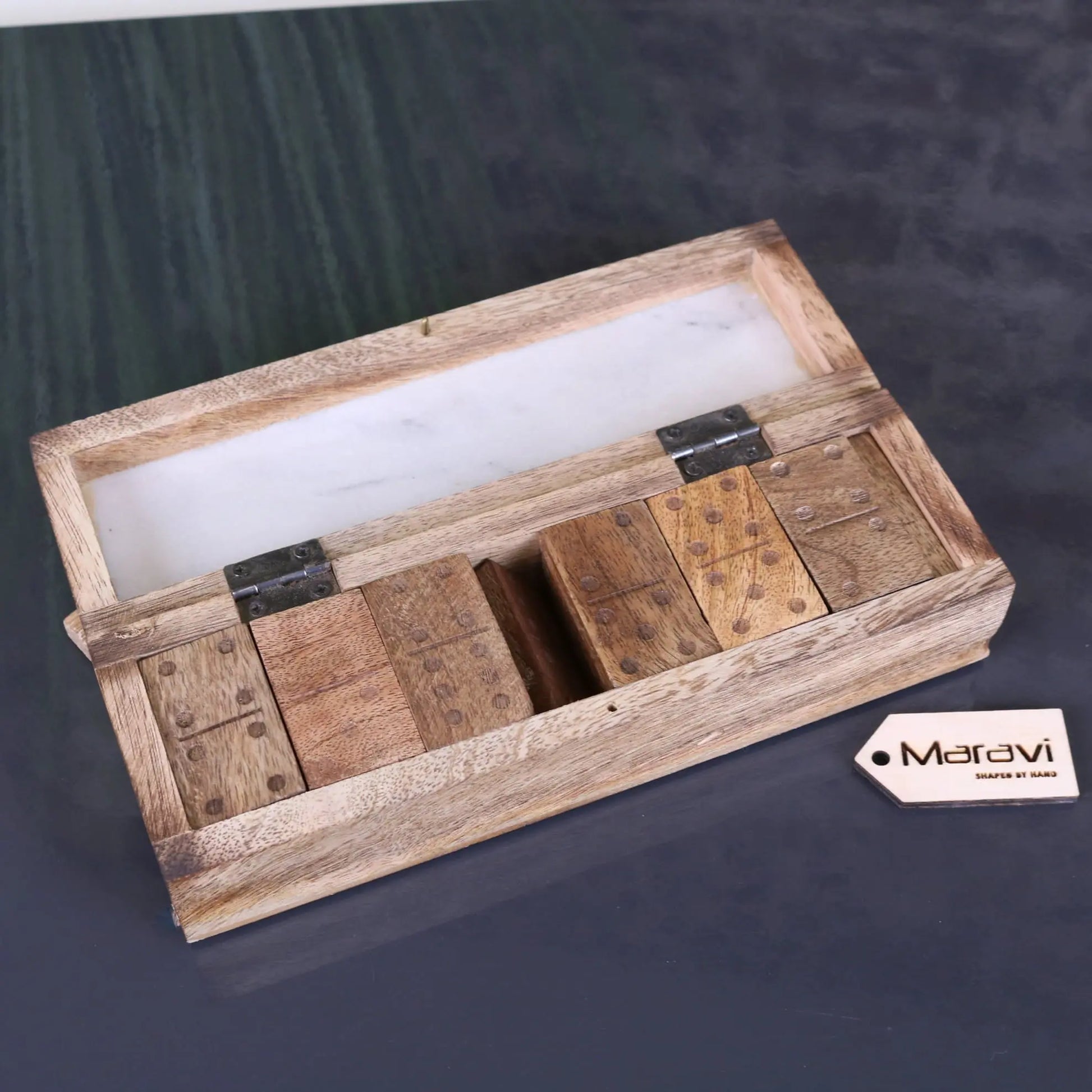 Osian Marble Lid Dominoes Set - White Colour Opened Box