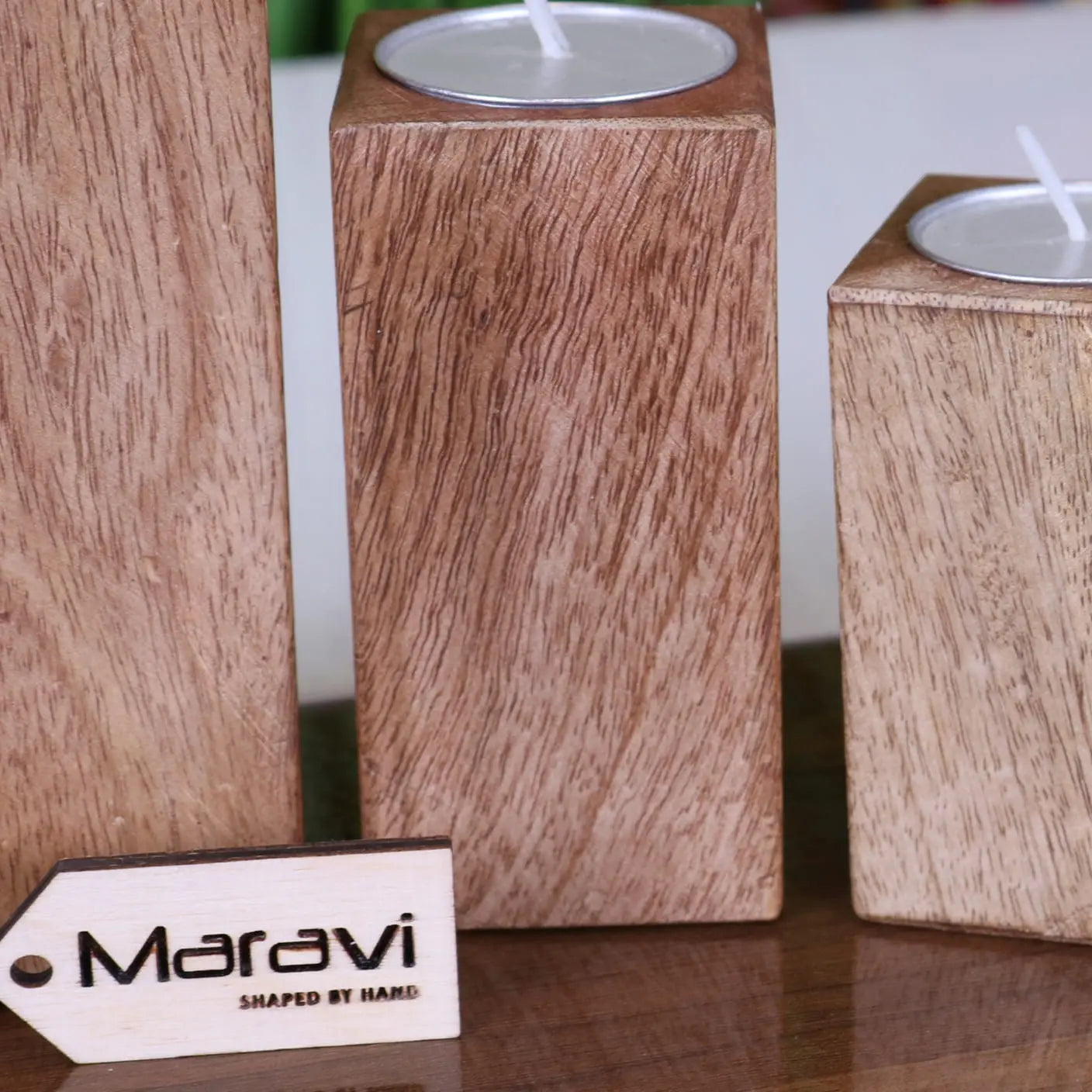 Bure Wooden Tea Light Holders Set of 4 - Closeup of wood grain