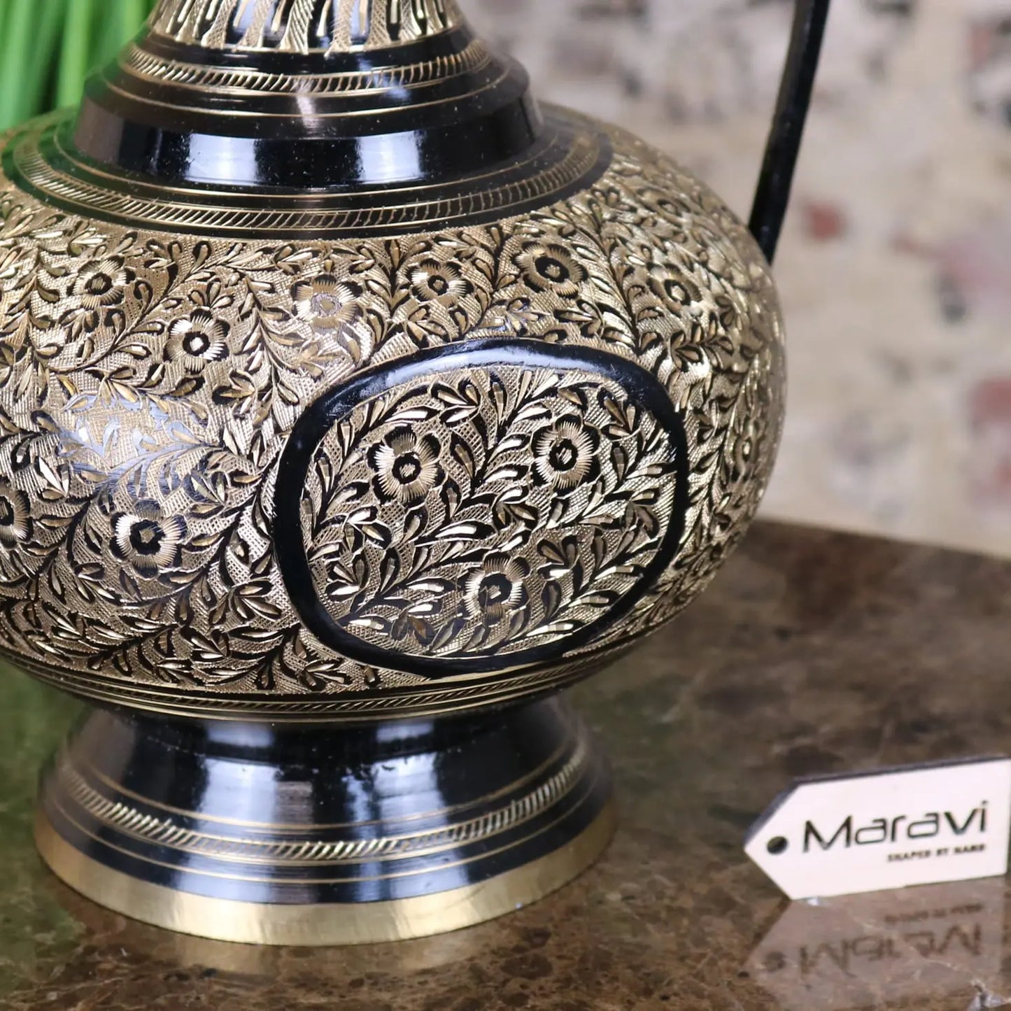Aravalli Aftaba Brass Arabian Jug Vase Ornament - Closeup of Engraving on Body
