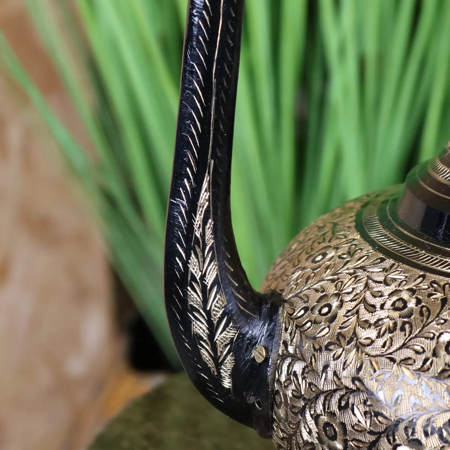 Aravalli Aftaba Brass Arabian Jug Vase Ornament - Closeup of Engraving on Spout