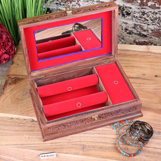 Nalanda Sheesham Wood Intricately Carved Jewellery Box - Open View