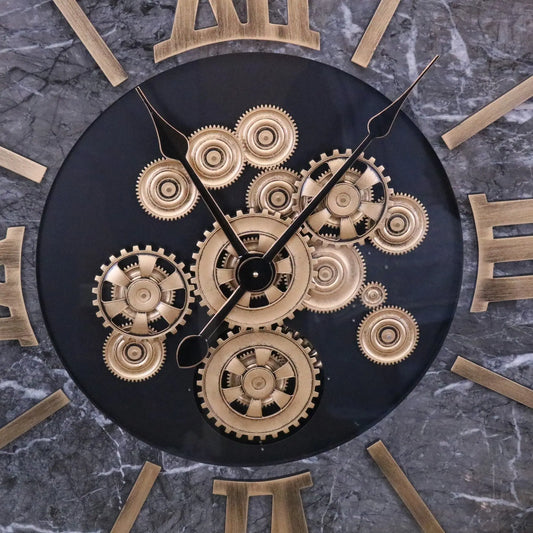 Industrial Extra Large 112cm Cog Clock Gold and Grey - Zoomed In on Cogs