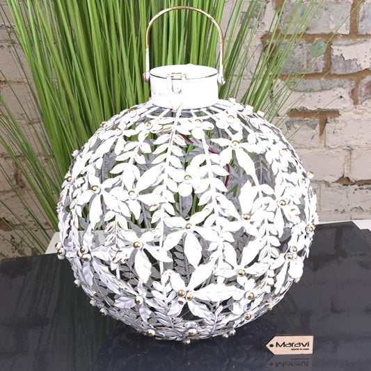 Iravan White and Gold Leaf Lantern with LED 38cm - Main Image