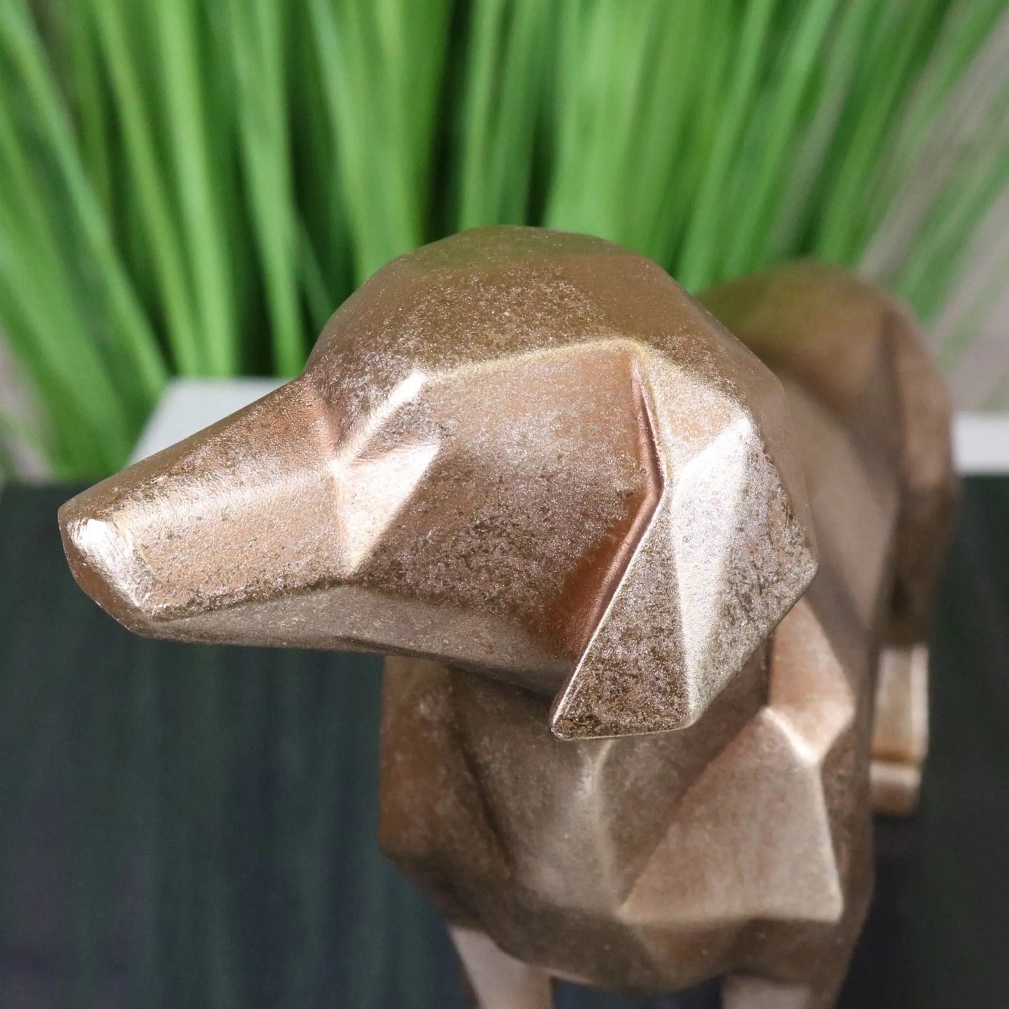 Janira Gold Geometric Sausage Dog Dachshund Ornament - Closeup of Head